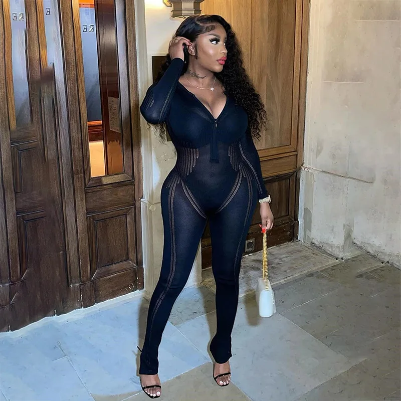 2023 fall new arrivals women long sleeve full rompers bodycon knitted jumpsuits