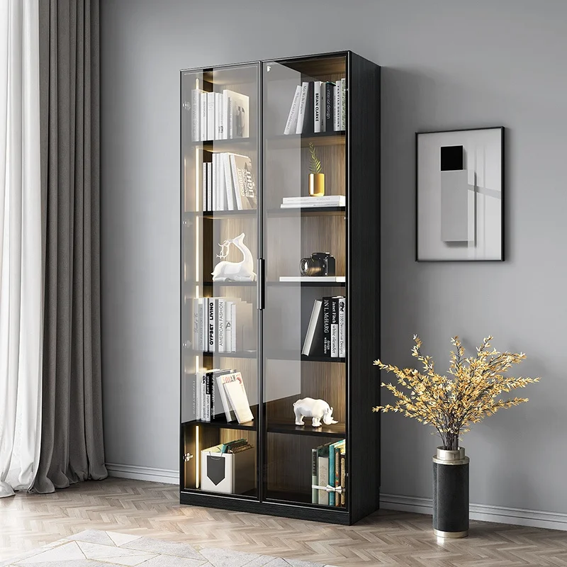 Multi-function Combination Glass Door LED Light Display Bookcase Wine Cabinet Book Shelf