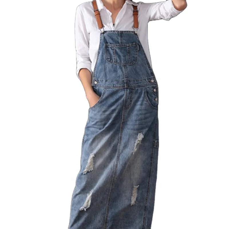 Plus Size Loose Bleached Holes Spaghetti Strap Ripped Women Denim Jumper Dress