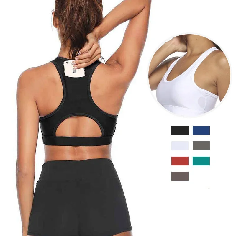 Custom Phone Pocket Gym Wear Running Yoga Workout Crop Top Cross Back Sports Yoga Bra Sexy High Impact Comfortable Sports Bra