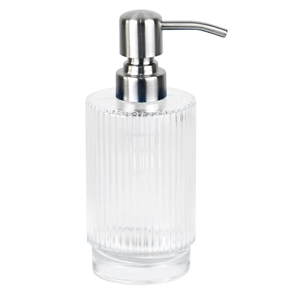 2024 New Arrival 320ml Bathroom and Kitchen Glass Soap Dispenser with Vertical Stripe 304 Stainless Steel Pump