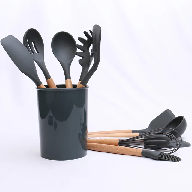 Hot Sale Black Color Wooden Handle Utensils Household Silicone Kitchen Accessories kitchenware Durable Cooking Tools Set