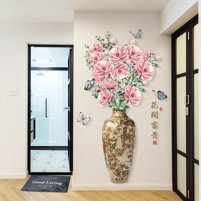 wholesale living room removable 3d vase flower sticker wall decor