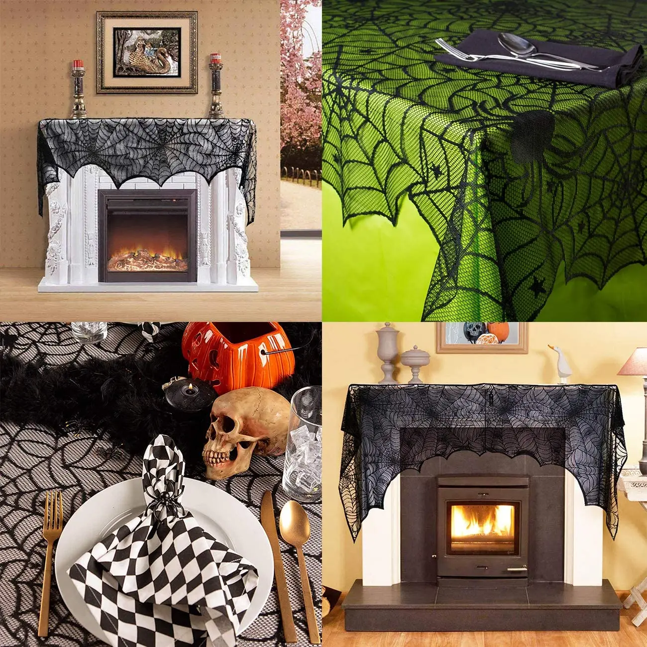 Halloween Decoration 18X96 Inches Black Spiderweb Fireplace Mantle Scarf Lace Cover For Halloween Party Banquet