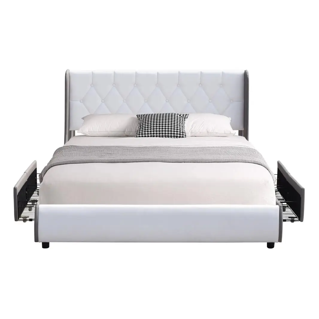 Modern Queen Size Up-holstered Light Grey Leather Bed With Drawer