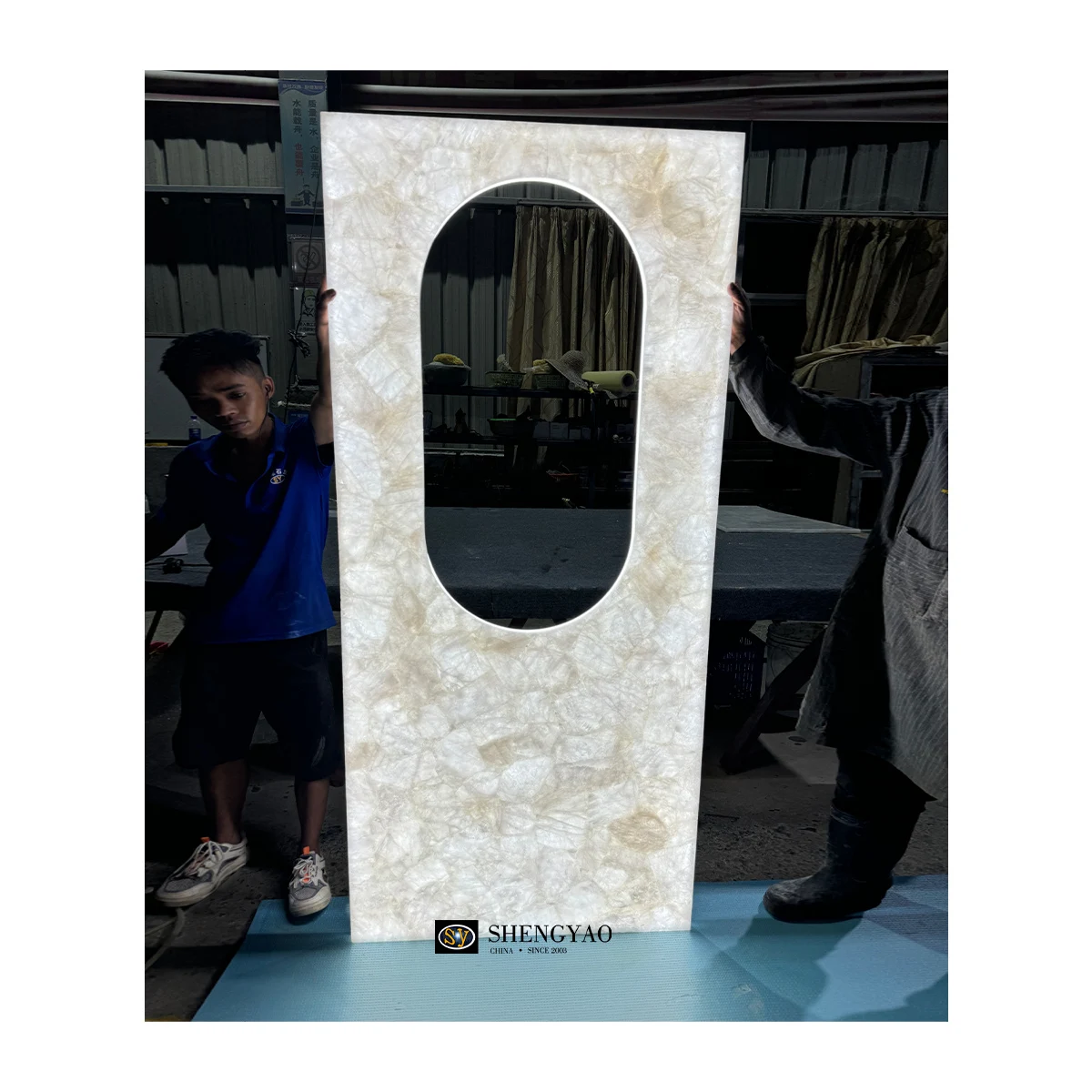 Natural Bedroom Backlit Translucent White Crystal Quartz Stone Vanity Mirror Frame