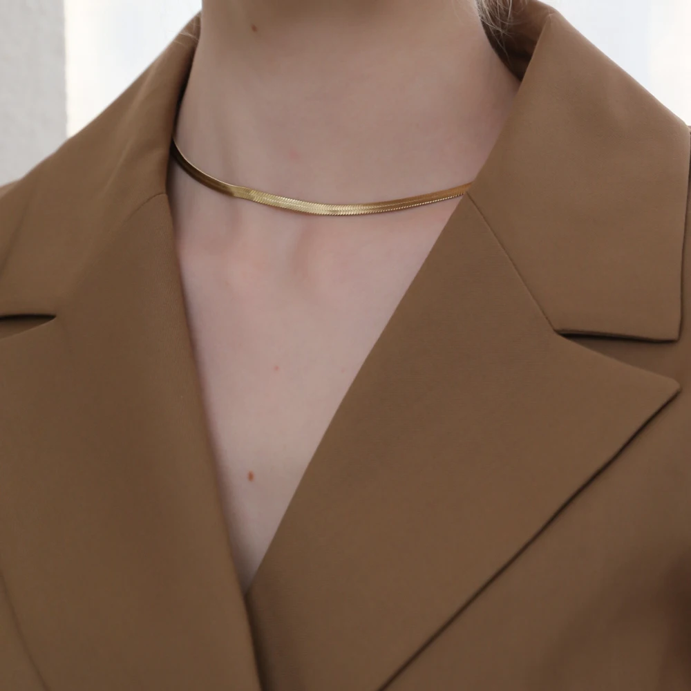JINYOU 1972 Waterproof Trendy Fashion 18K Gold Plated Stainless Steel Flat Snake Chain Necklace Jewelry for Women
