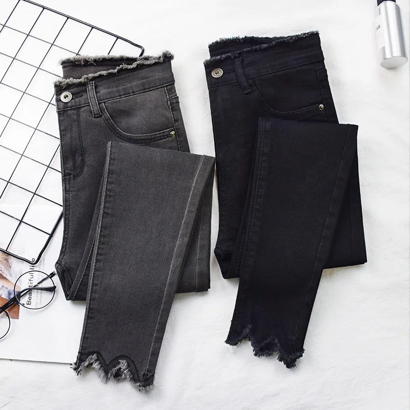 High Quality Blue Black Gray Denim Ladies Knitted Washed High Waist Ladies Elastic Pencil Jeans