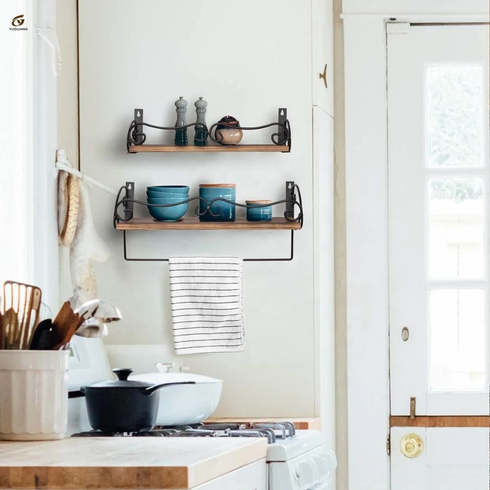 
Set of 2 Rustic Wood Floating Shelves with Removable Towel Bar Perfect for Kitchen Bathroom Floating Shelves Wall Mounted 