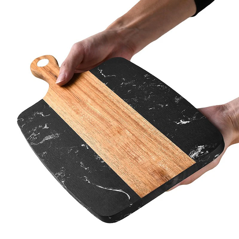 New Design Steak fruit cutting boards Premium Cheese board black square acacia wood spliced marble cutting board with handle
