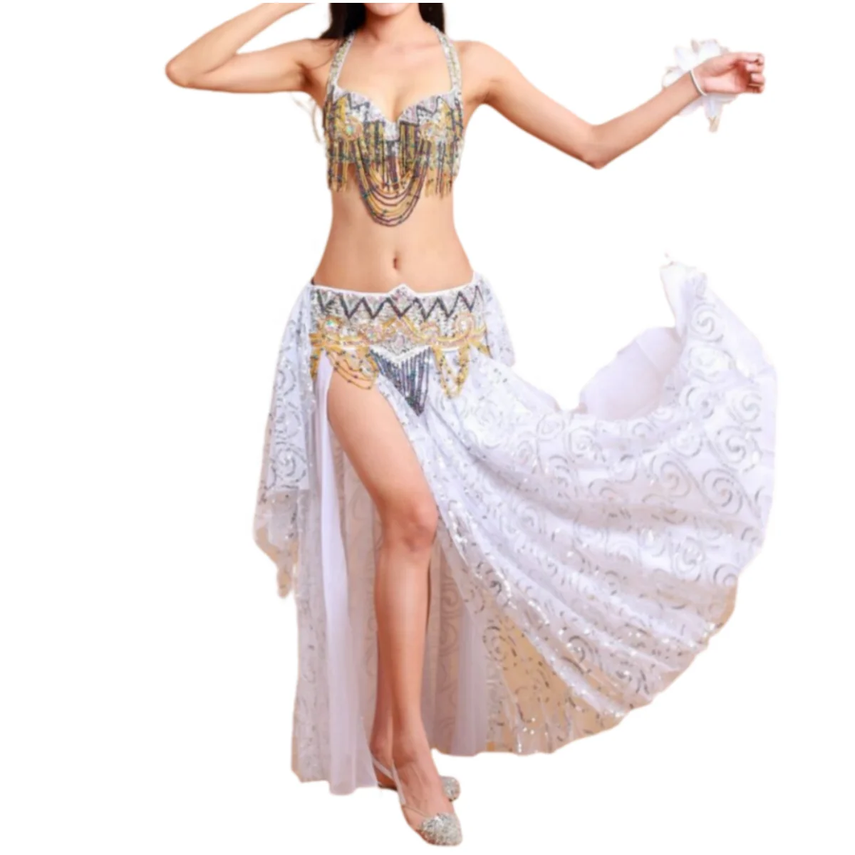Belly Dance Costume Set for Women Professional Belly Dance Bra and Belt Belly Dancing Skirt Slit Carnival Outfit