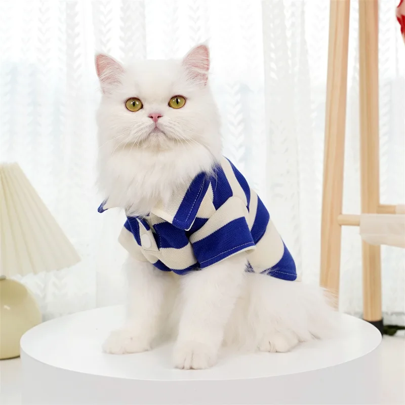 2024 Hot Sale  polo shirt blue&white striped costume for cat dog hoodie sweatshirt spring polyester pet clothing custom logo