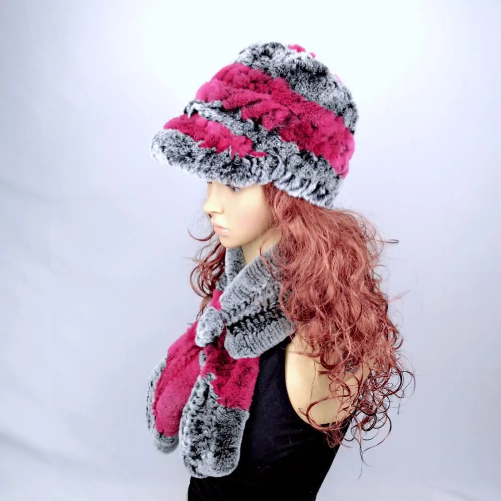 New Real Rex Rabbit Fur Women's Autumn And Winter Warm Caps Ear Fox Fur Ball Jewelry Fashion Rabbit Fur Knit Hat Female