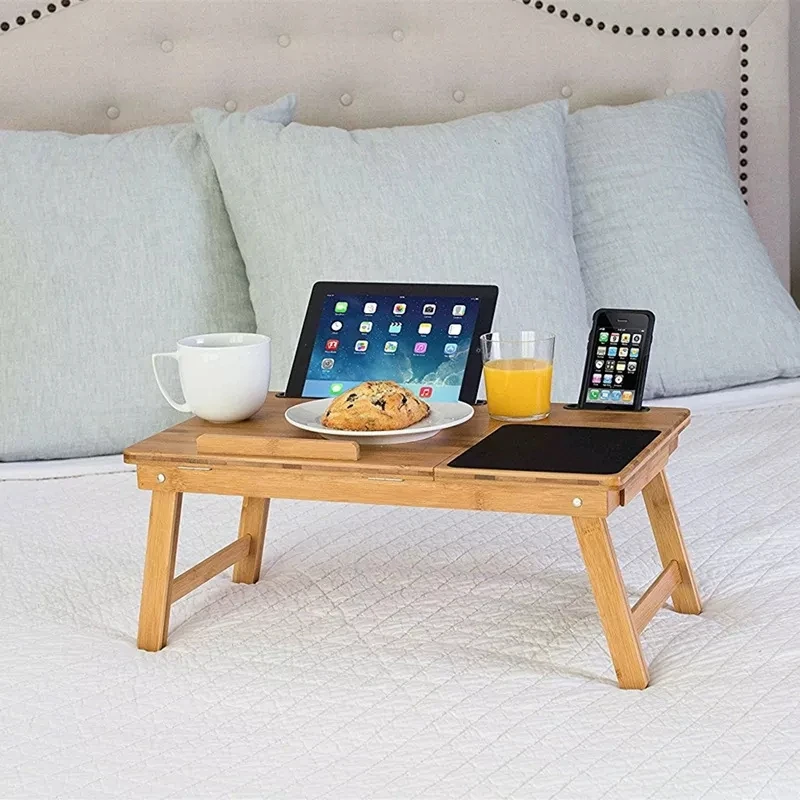 QUAWE Multifunctional Extendable Bamboo Laptop Table Folding Laptop Table For Bed Lap Computer Desk Bamboo Bed Tray