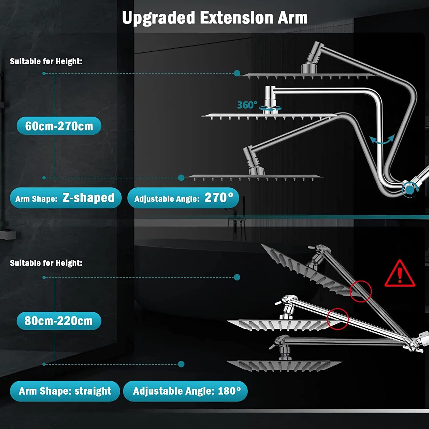 10' Dual Shower Head,Upgraded Rain Shower Head with 11' Adjustable Extension Arm and 6-Setting Handheld Shower Head Combo