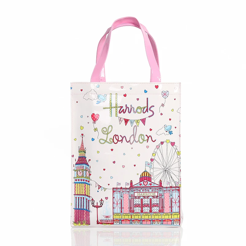 London Style PVC Reusable Shopping Bag  Eco Friendly Flower Shopper Bag Waterproof Handbag Lunch Tote