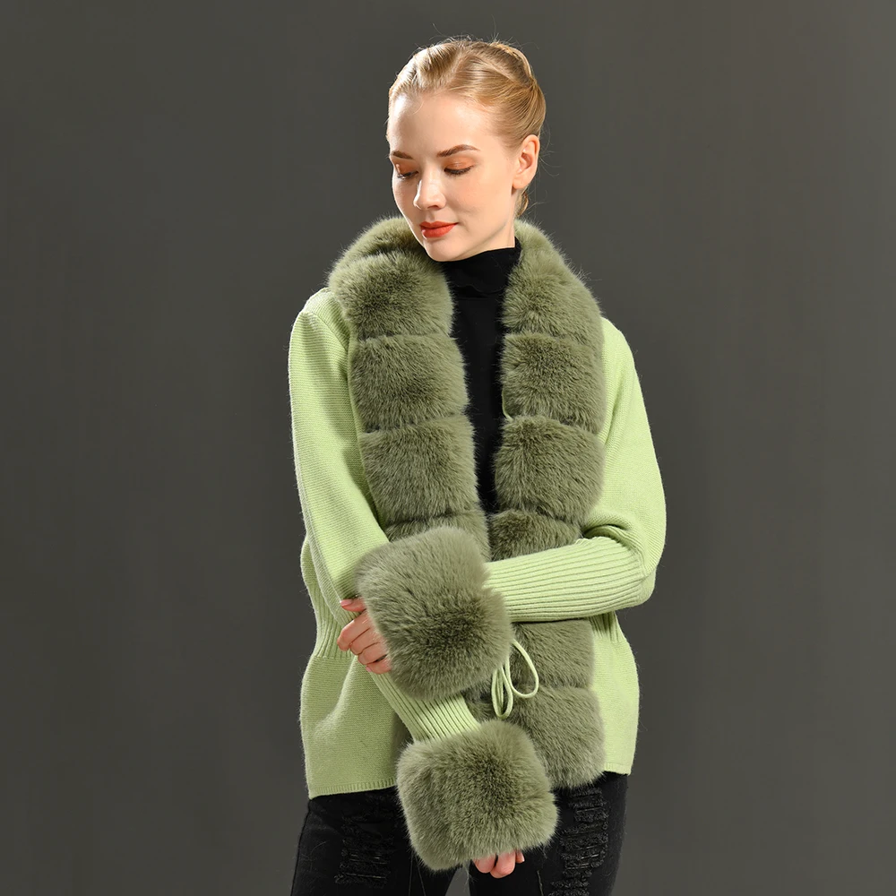 Lady Elegant Vintage Knit Cardigan Sweaters with Faux Fut Trim Wool Knit Cardigan Women Knit Cardigan