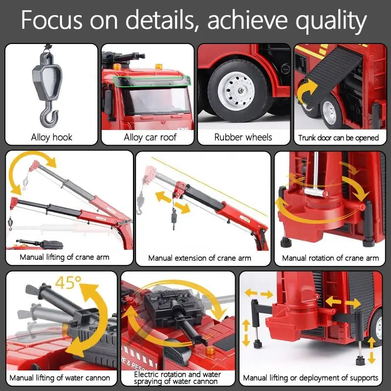 Huina 1362 1/18 9CH Firefighter Truck Toy RC Water Spraying Crane Remote Control Heavy Duty Semi-Metal Realistic Car Model