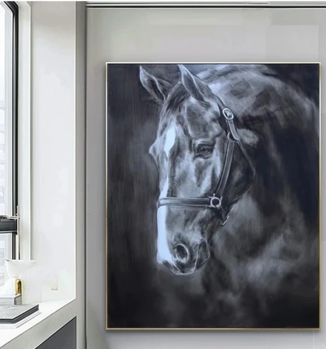 Custom Large Canvas Handmade Textured Black Realistic Animal Famous Horse Oil Painting for Home Wall Art Decor