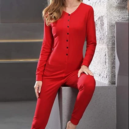 M006 Womens One Piece Pajama Christmas Suit Thermal Underwear Solid Thermal Henley Adult long johns