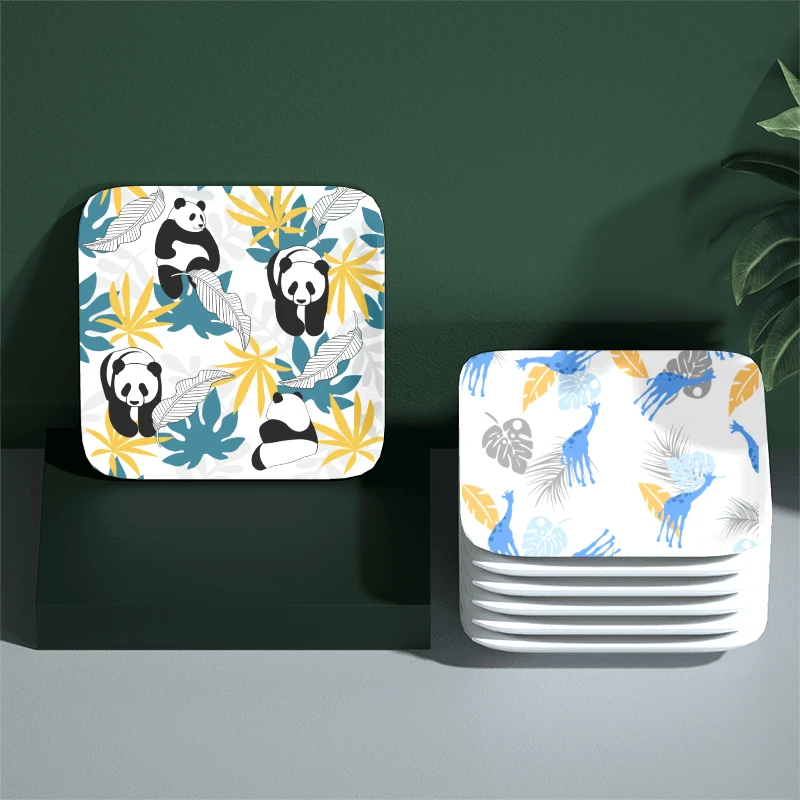 Nordic Style Animal Cotton Pattern Square Ceramic Dessert Dishes Plates Set Colorful Restaurant Home Party Dining Plates