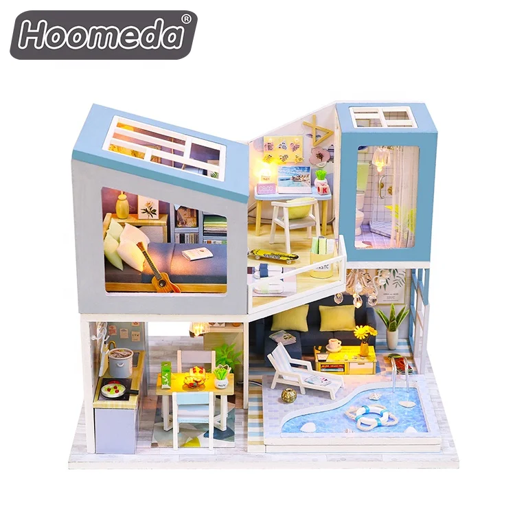 Wholesale DIY mini Wooden dollhouse miniature with light and furniture for holiday gift