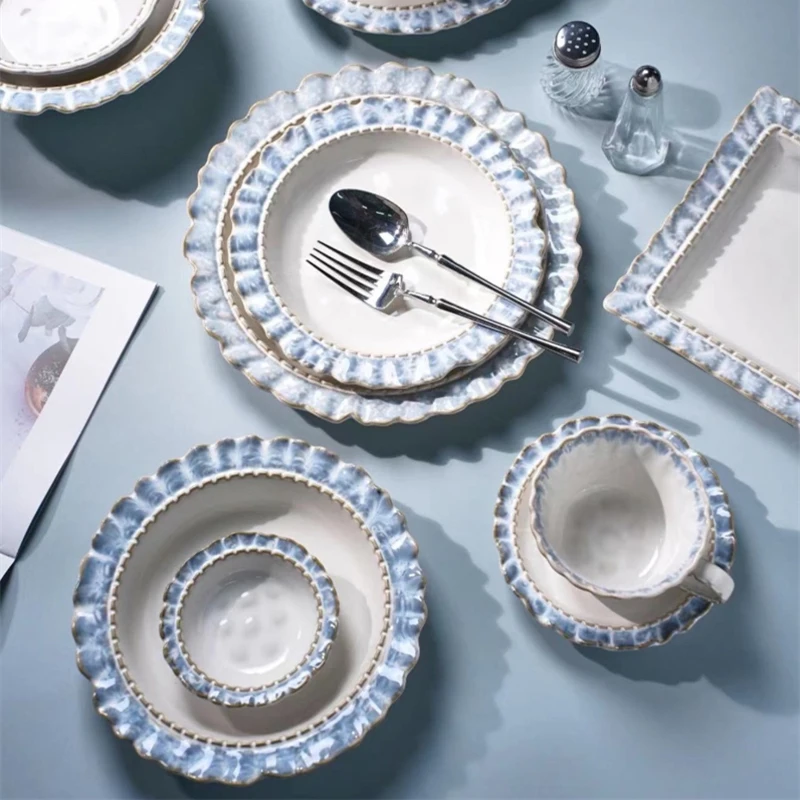 French Porcelain Plate Household Soup Bowl Blue Flower Edge Ceramic Coffee Cup Saucer Dinnerware Small Sauce Dish Square Tray