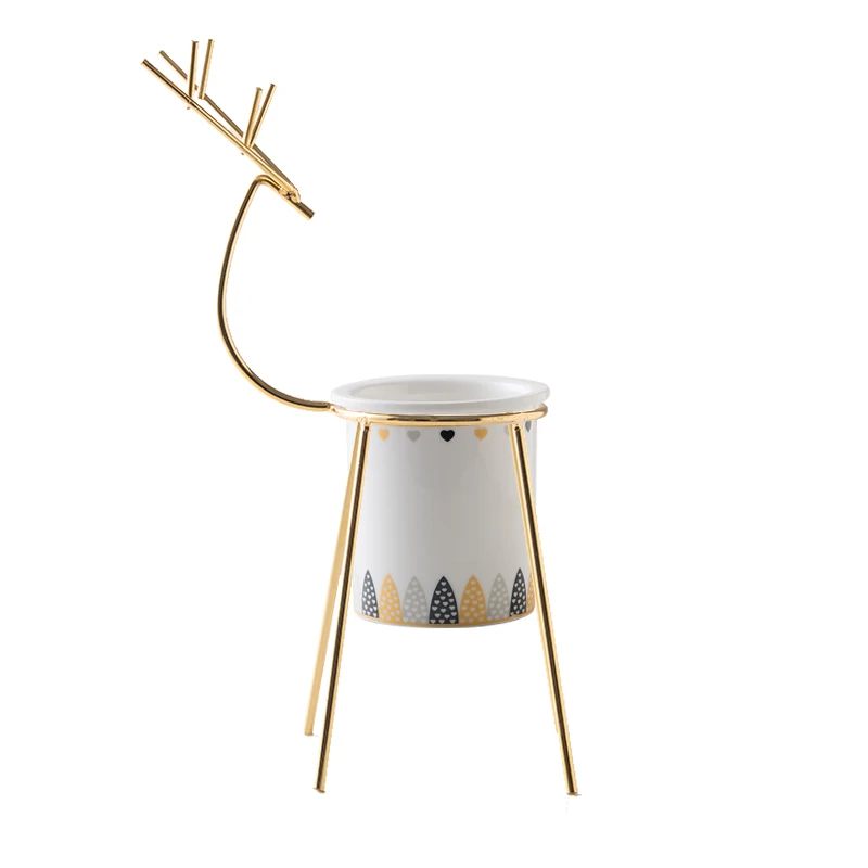 Wholesale  Indoor Ceramic Succulent pots planter with Golden Metal Deer Stand, Ceramic Cactus Planter Pot
