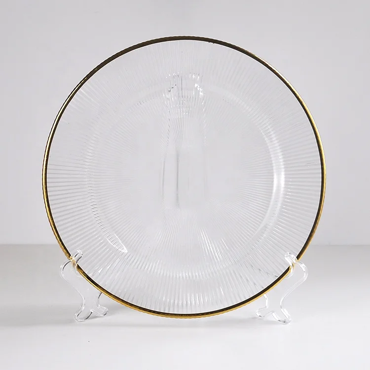 Wholesale Amazon hot sale elegant glass charger plate with gold rim wedding chargers