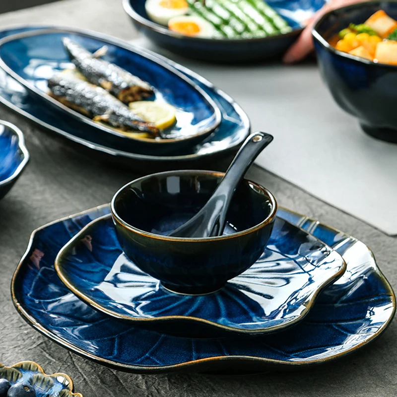 Ceramic Tableware Plates Sets Dinnerware Kiln Porcelain Plate Japanese Blue Glaze Ceramic Bowl For Home Hotel