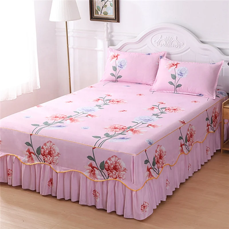 Cheap Printed Seams aloe Brushed cotton lace bedspread sheets three-piece bed skirt set