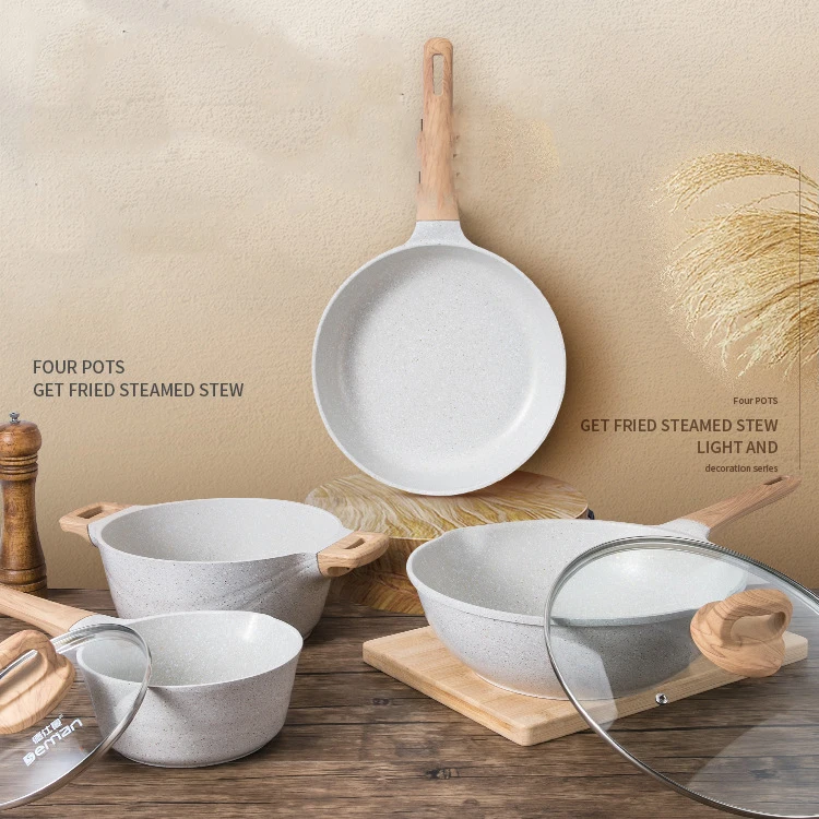 Wholesale Eco-friendly Smokeless Wok Soup Pot Maifan Stone Pots And Pans Premium Die Cast Home Kitchen Non Stick Cookware Set