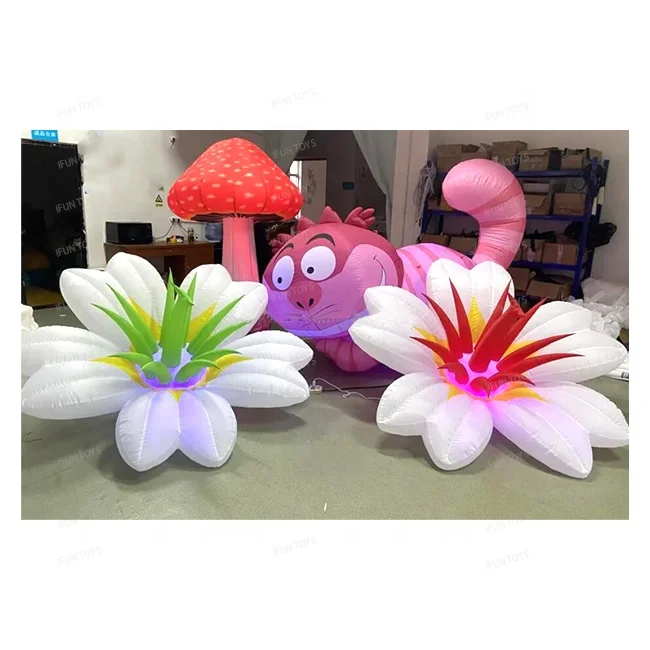Alice In Wonderland Theme Party Inflatable Character Large Cheshire Cat Led Mushroom and Inflatable Flower