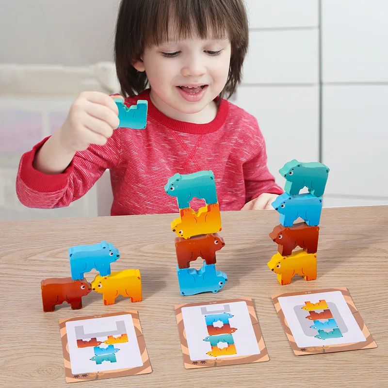 Wooden Funny Child Bear Stacking High Building Blocks Early Educational Toys