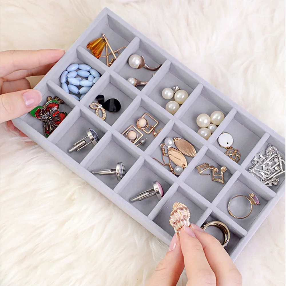 Velvet Gray Jewelry Display Tray Case Hot Sale Stackable Exquisite Jewellery Holder Portable Ring Earring Necklace Organizer Box