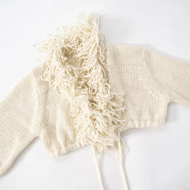 Casual Unique Fall Winter Spring Hollow Out Women Tassel Tie Up Knit Sweater Mini Split Skirt Matching 2 Two Piece Skirt Set