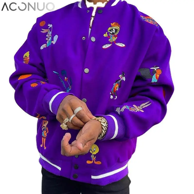 YAJIANUO Fashion Cartoon Embroidery Bomber Baseball Jacket Mens Printed Varsity Letterman Jacket