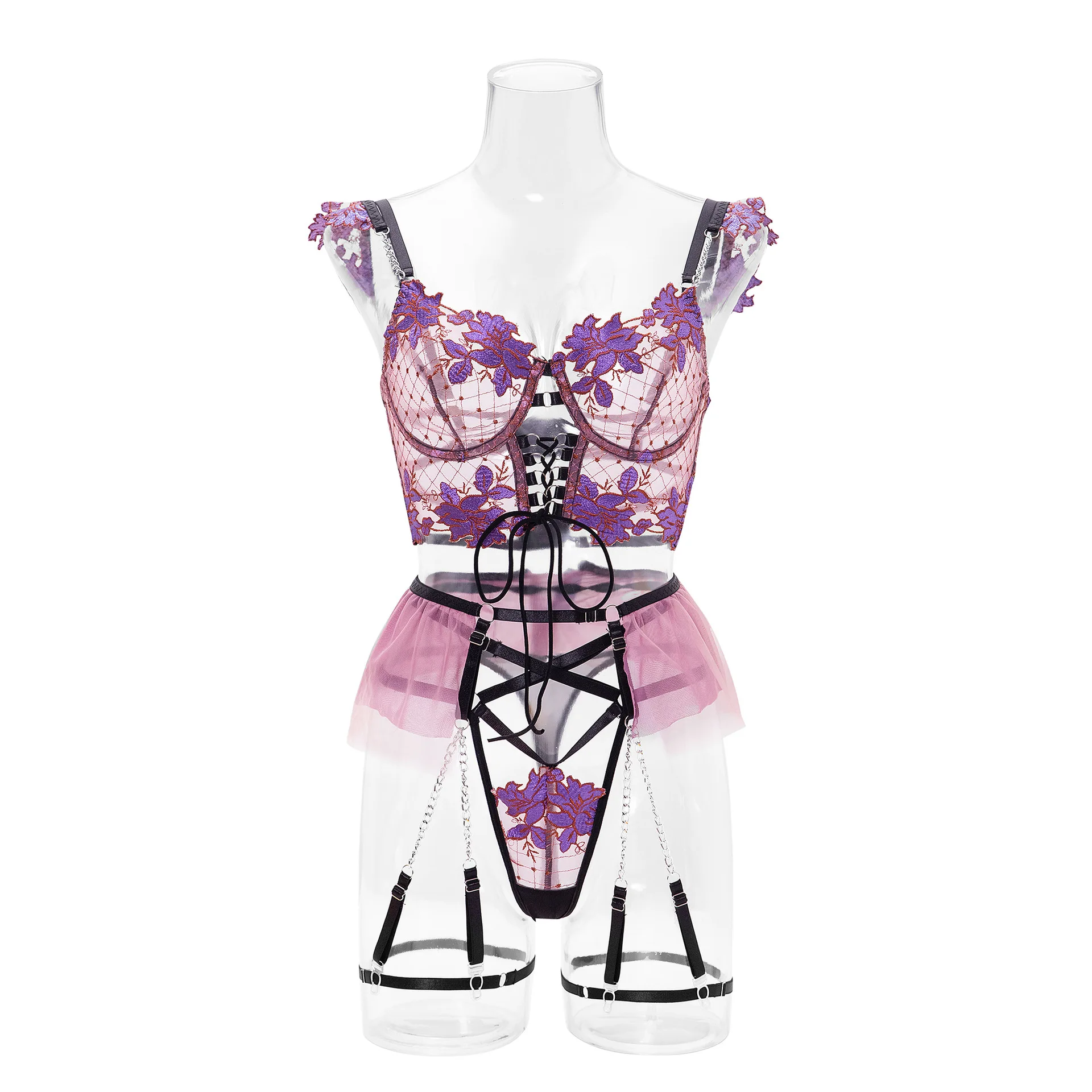 Women Sexy Half Metal Chain Straps Lace Embroidery Corset Bustier Underwear Panties Garter Sexy Bra Set