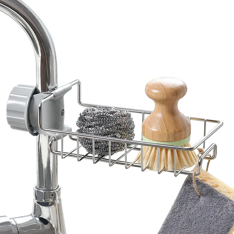Stainless Steel Kitchen Faucet Shelf Sink Organizer with Dishwashing Draining Rack and Hanging Basket for Household Use
