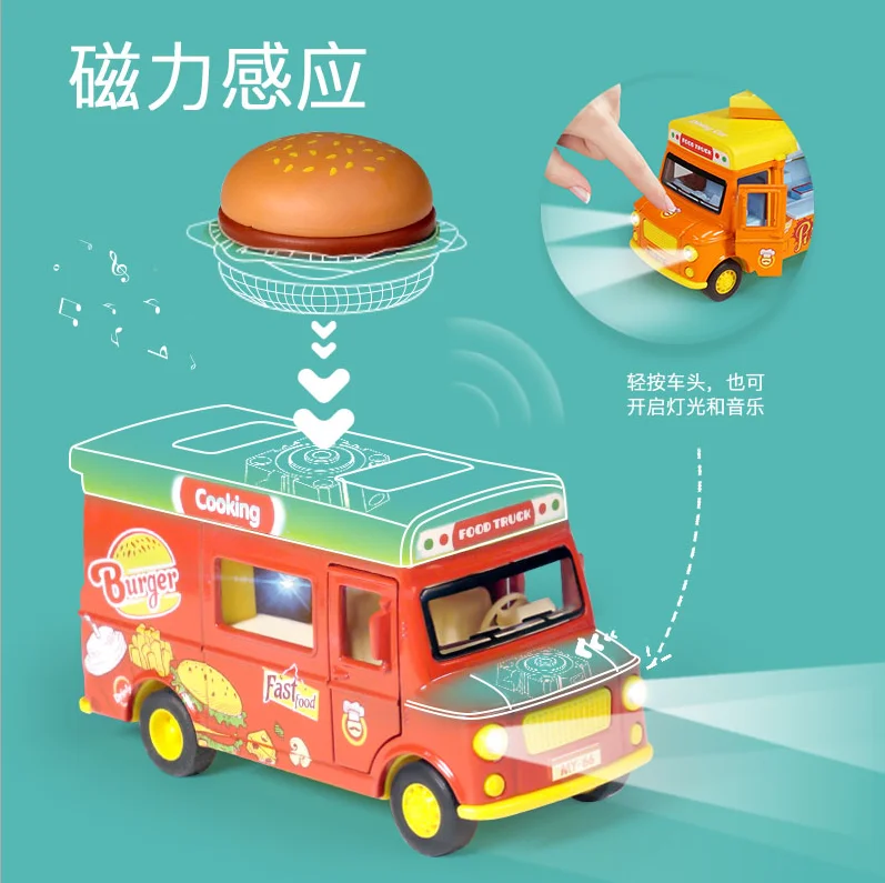 Patented product Magnetic induction 1:36 Alloy electronic pull back sushi ice cream hamburger food metal die cast car model