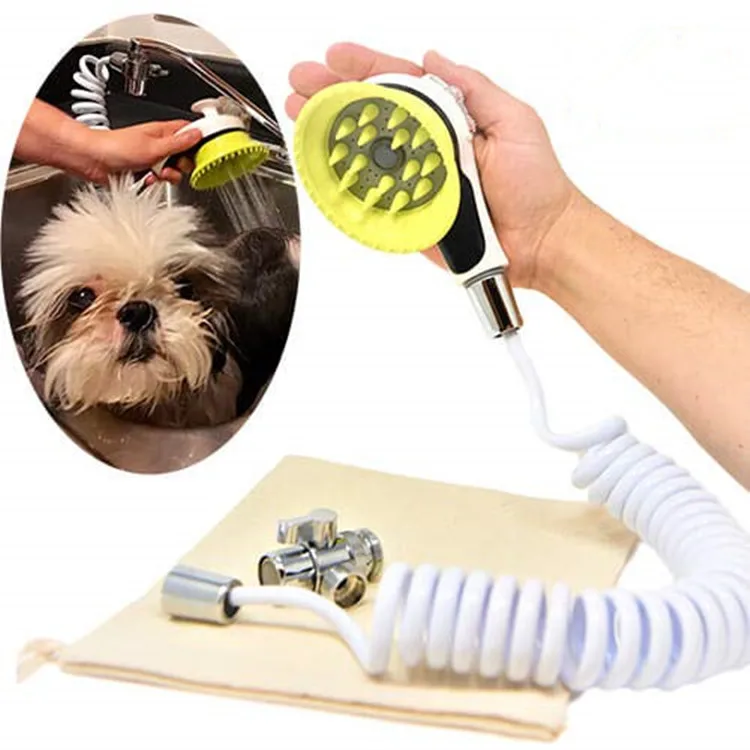 Quality Sink Faucet Pet Wash Kit | Innovative Shower Brush Head w/ Splash Shield | 8 ft Hose & Metal Faucet Adapter | Kitchen, B