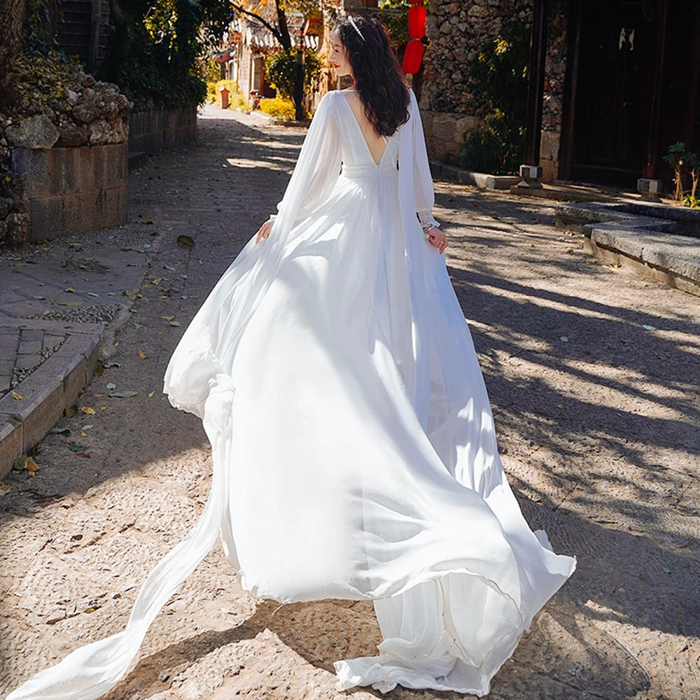 Chiffon Trailing Lantern Sleeve Long Skirt Annual Party Dress Mopping Floating Dress