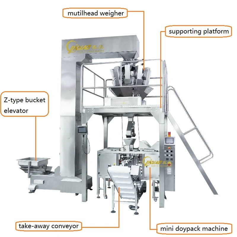 Automatic Food Weighing And Premade Zipper Bag Bonbon Gummy Candy Cube Lollipop Doypack Packing Machine