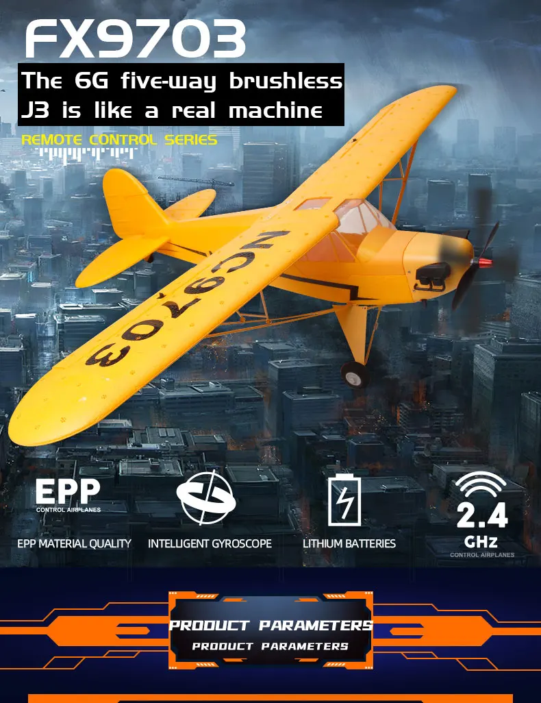 Newest FX9703 Remote Control Aircraft Model J3 Brushless 4CH Six-Axis Stabilized 3D Fixed Wing RC Airplane Glider Yellow Color