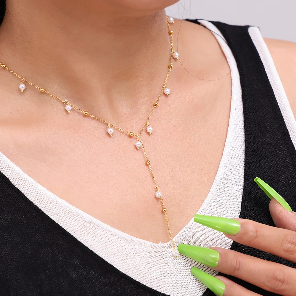 Fashion Elegant Geometry Freshwater Pearls Pendant Long Tassel Necklace Plated 18K Gold Titanium Steel Jewelry No Fading