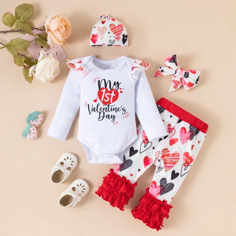 Fall 100% Cotton Newborn Boutique Clothes 1st Valentine Kid Outfits Baby Girl Clothing Sets Infant My First Valentines Day Gift