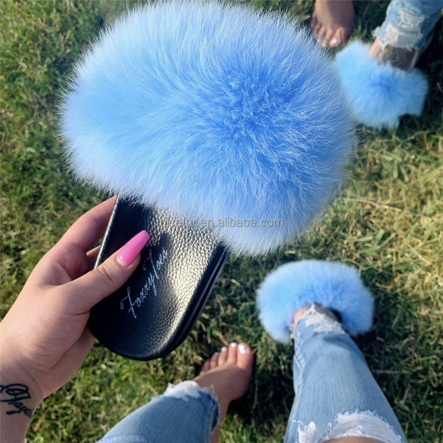 Custom logo indoor PVC sole racoon furry fur slides sandal colorful 100% fluffy fox raccoon fur slipper for women