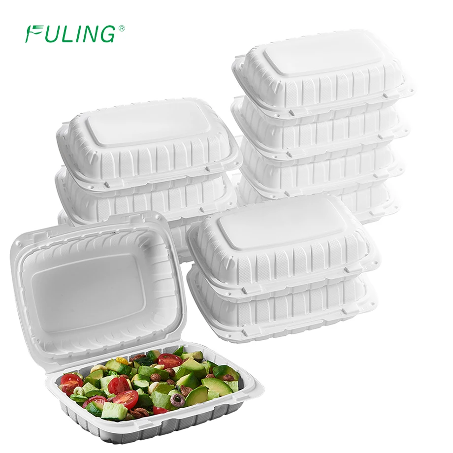 FULING 9x6x3 Inch Food Box White Hinged Container Disposable Clamshell Take Out Container MFPP To Go Box