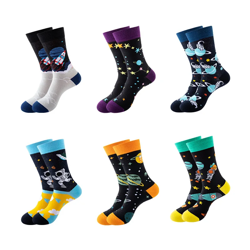 2023 New Design Happy Custom Animal Space Colorful Jacquard Sox Design Socks Funny Cotton Crew Winter Man Socks