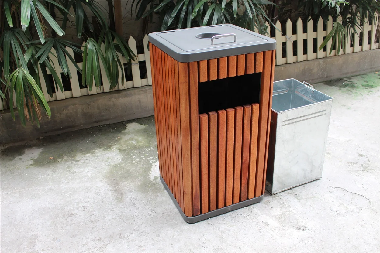 Square outdoor wooden trash cans street garbage bins